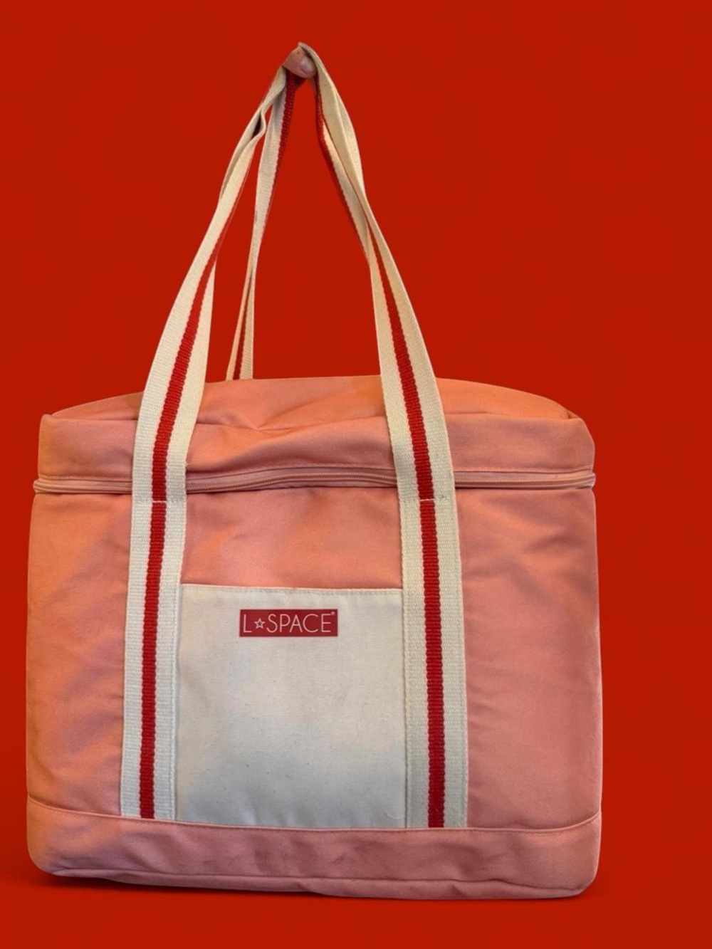 l*space Coral Pink Canvas Tote with Striped Cream Handles